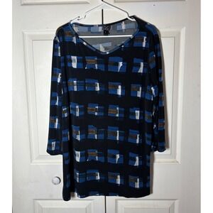 Clara Sunwoo Womens XL Blue Black Geometric Block Print 3/4 Sleeve V-Neck Tunic